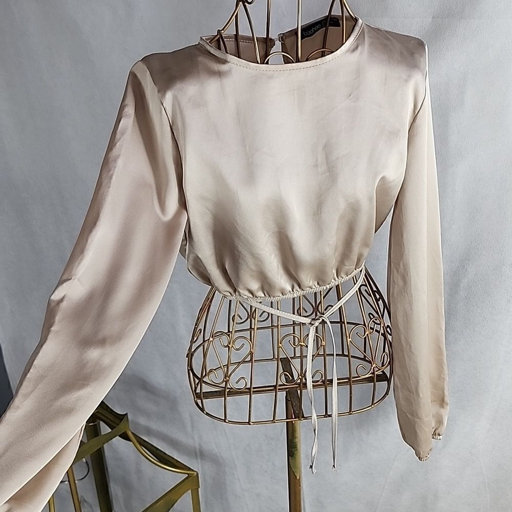 Champagne Party Satin Open  Tie Top Long Sleeved Size 4 Cropped-